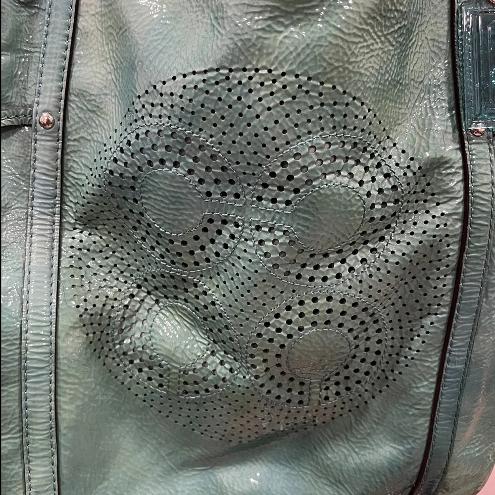 Coach Aubrey Aqua Marine-2 Tone Patent Leather Tote W/Shoulder Strap & Handles - Picture 6 of 16